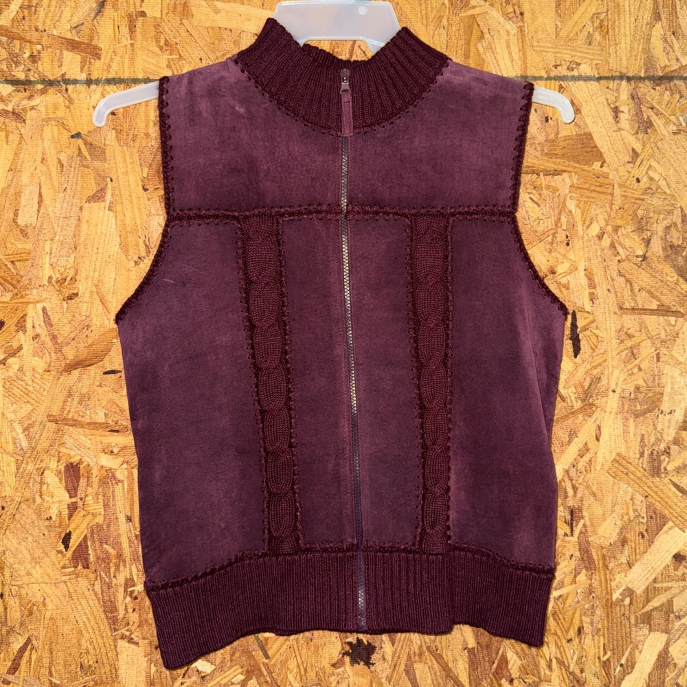 Burgundy Suede Leather & Knit Zip Sweater Vest Sleeveless Top Minimalist Large